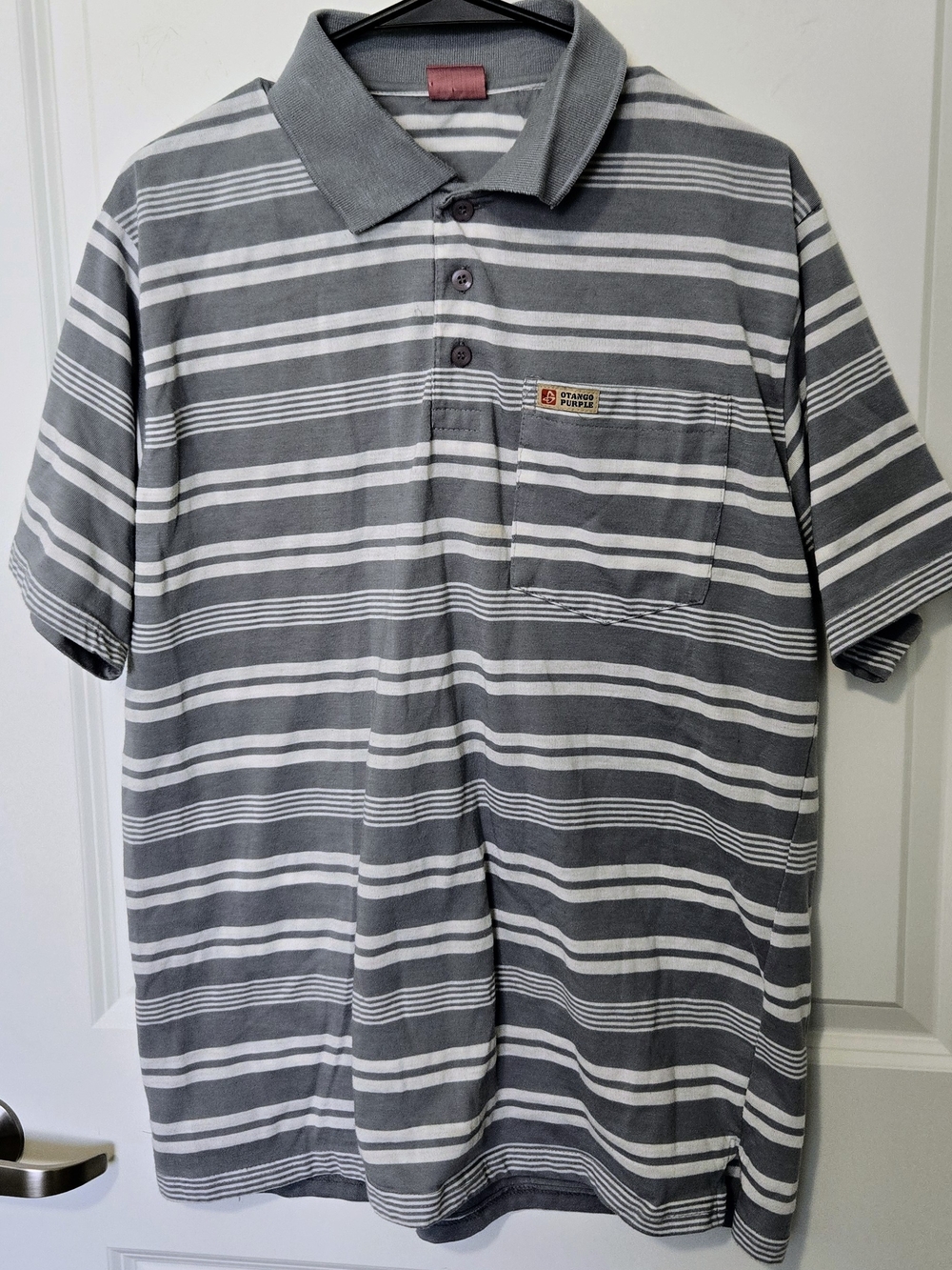 Men's Gray & White Striped Polo Shirt with Chest Pocket,Otango Purple XXL.golf